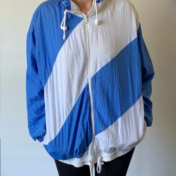 1980's Blue and White Striped Women's Nylon Track Jacket Vintage Windbreaker - Picture 2 of 7